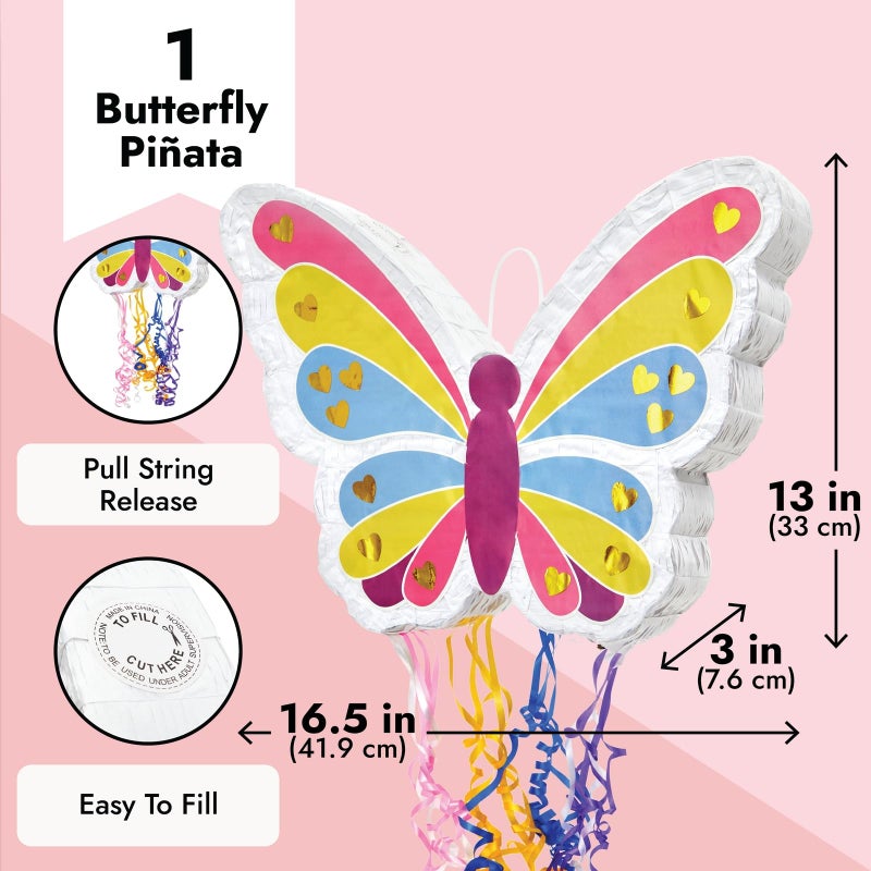 BLUE PANDA Butterfly Pinata Pull String - 16.5 x 13 x 3 In, Pink, Yellow & Blue - Rainbow & Pull-Apart PiÃ±ata for Birthday Party Decoration & Garden Theme Fairy Party - Image 3
